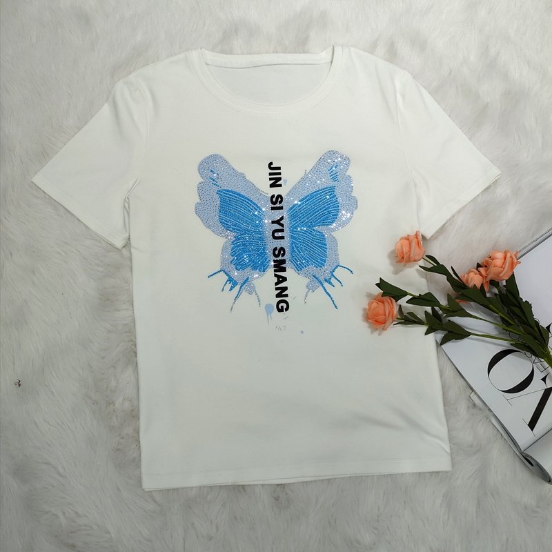 Fashion Two Piece Pants Set Rhinestone Short Sleeve Tshirt 2023 Summer Printed Women'S Suit