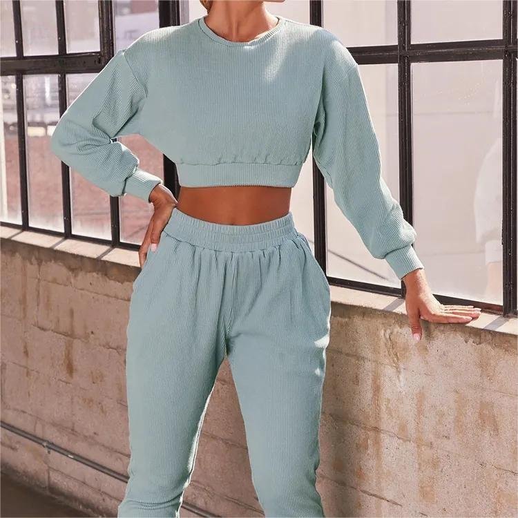 OEVE Custom Gym Fitness Yoga Sets For Women Crew Neck Long Sleeve 2 Piece Workout Clothing Activewear Women Gym Fitness Sets