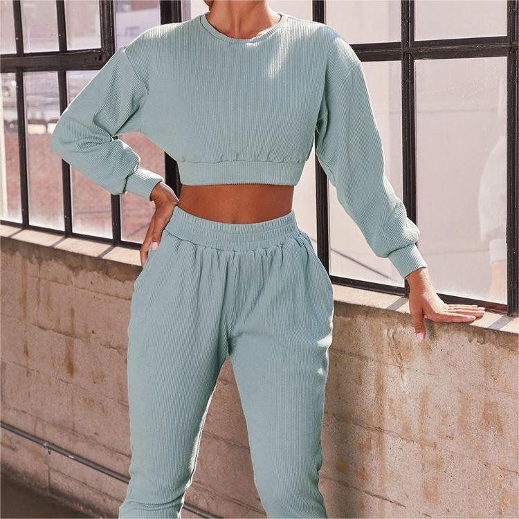 OEVE Custom Gym Fitness Yoga Sets For Women Crew Neck Long Sleeve 2 Piece Workout Clothing Activewear Women Gym Fitness Sets