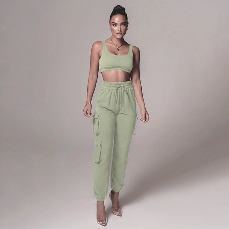 2020 fall/winter women's fashion casual solid color trousers track pants suit with pockets