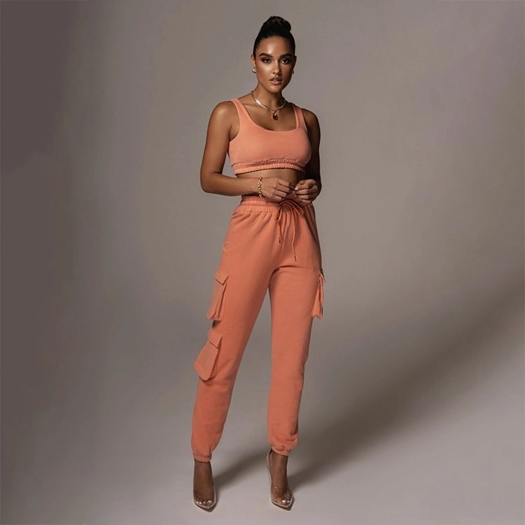 2020 fall/winter women's fashion casual solid color trousers track pants suit with pockets