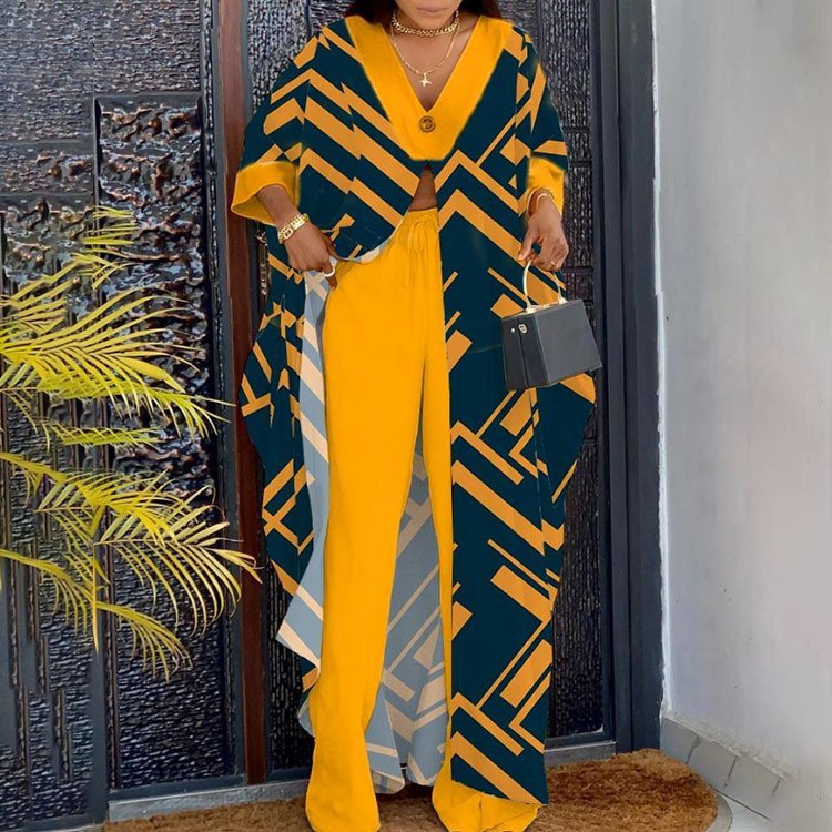 Factory Custom Women's Printed Three Quarter Sleeve Casual Robe Women's Trousers Two Piece Set Casual Women's Suit