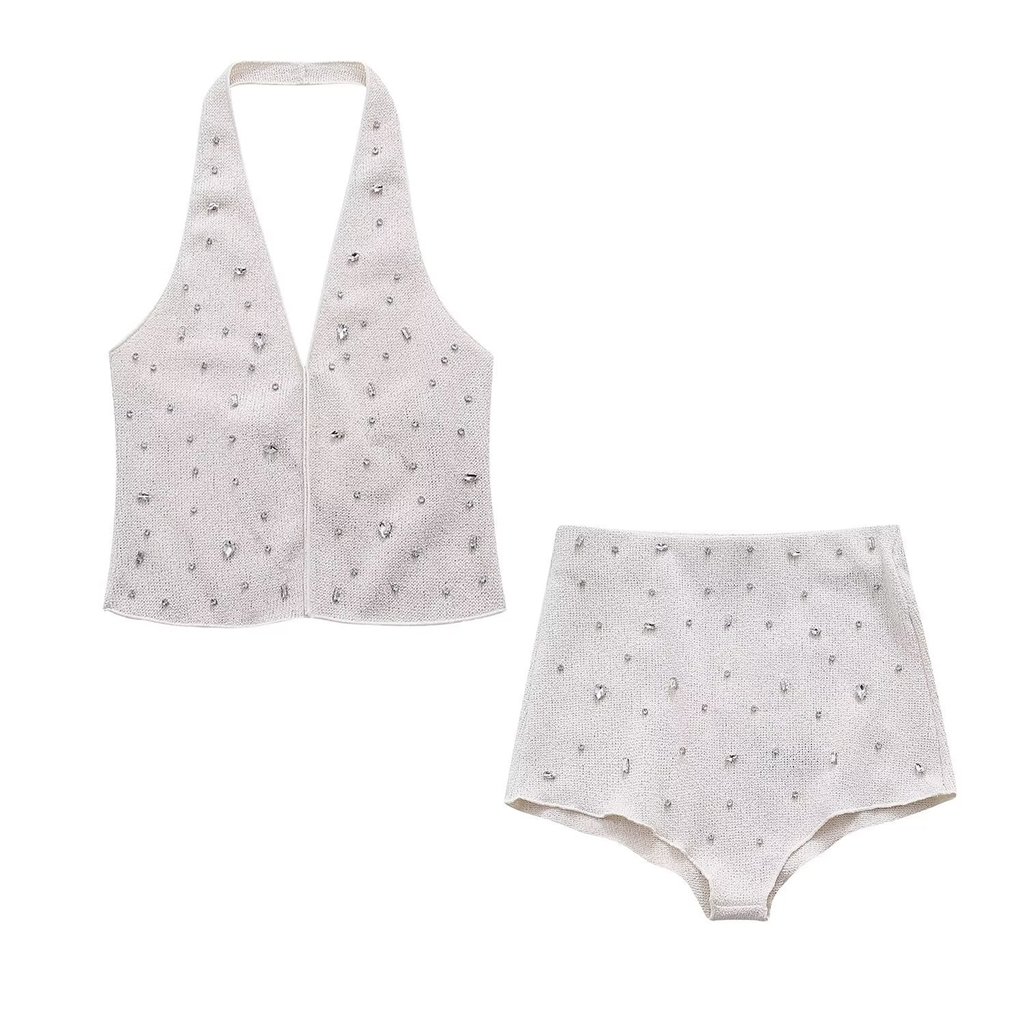 Summer Sleeveless Sweaters Beading Rhinestone V Neck Halter Cropped Top Vest Knit Sweaters Shorts Set 2 Two Piece Women's Sets