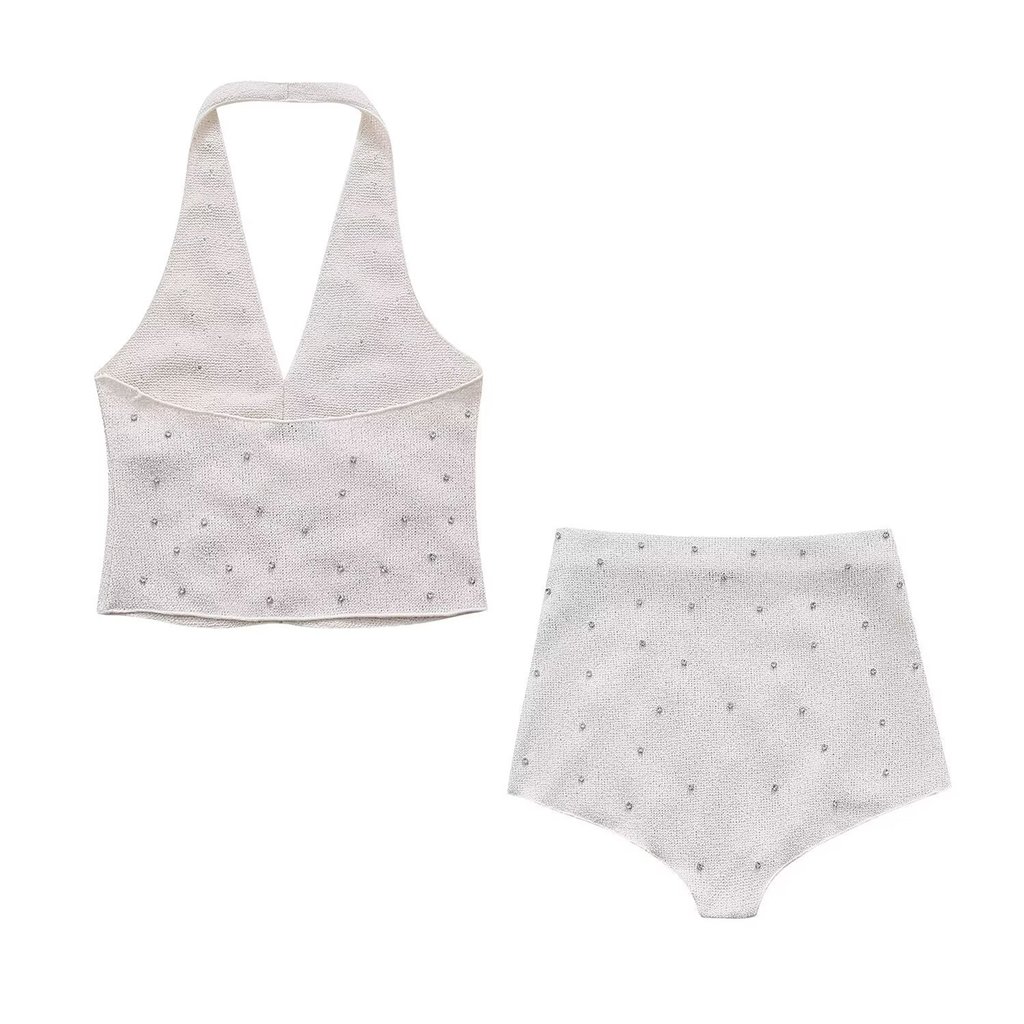 Summer Sleeveless Sweaters Beading Rhinestone V Neck Halter Cropped Top Vest Knit Sweaters Shorts Set 2 Two Piece Women's Sets