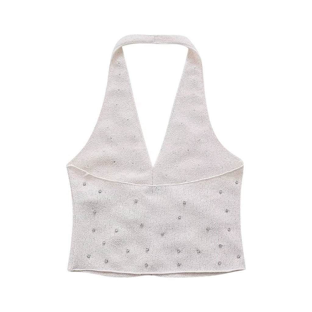Summer Sleeveless Sweaters Beading Rhinestone V Neck Halter Cropped Top Vest Knit Sweaters Shorts Set 2 Two Piece Women's Sets
