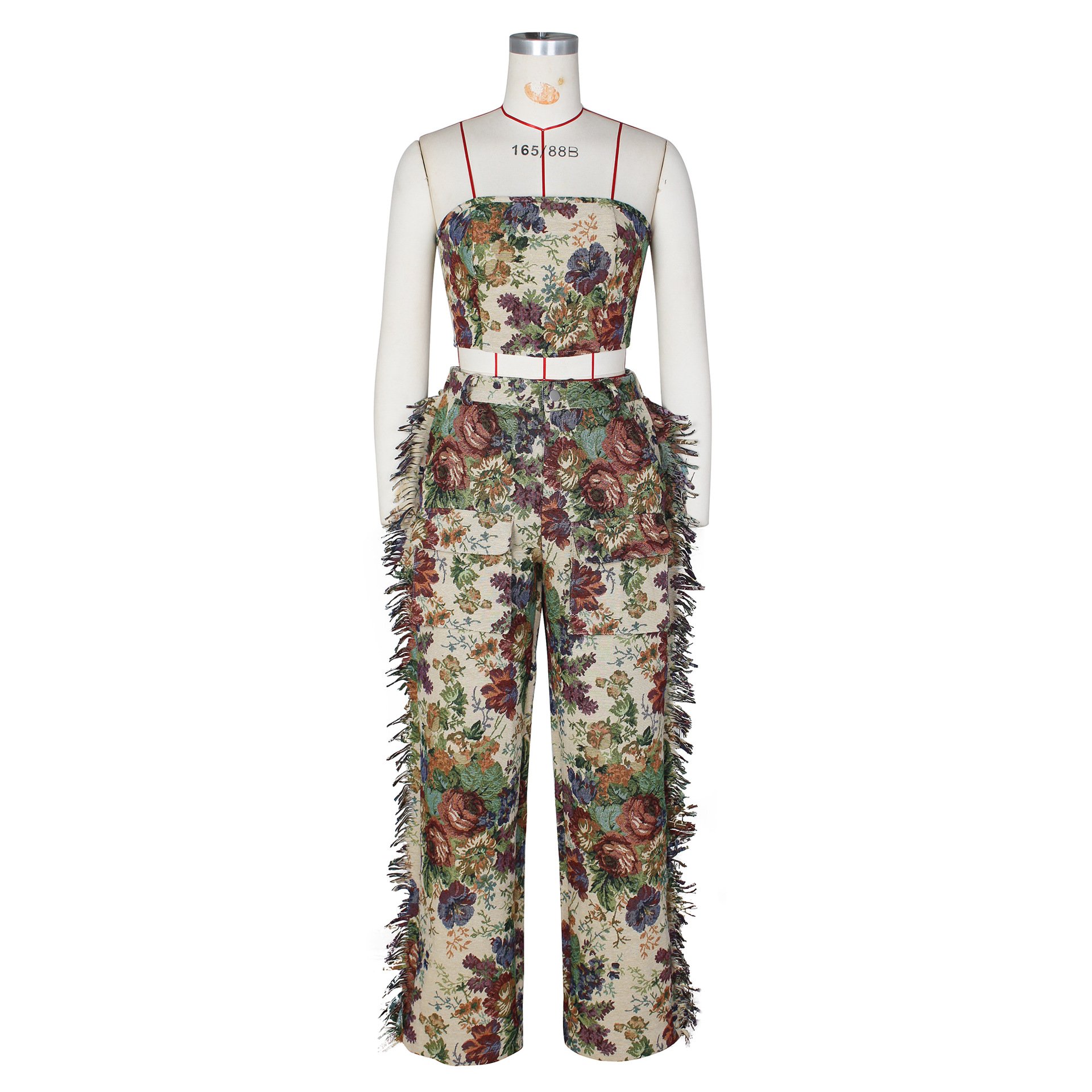 New Product Ideas Sexy Lace-up Tube Top and Tassel Pants Women's Sets Fashion Street Wear Jacquard Women Two Piece Set