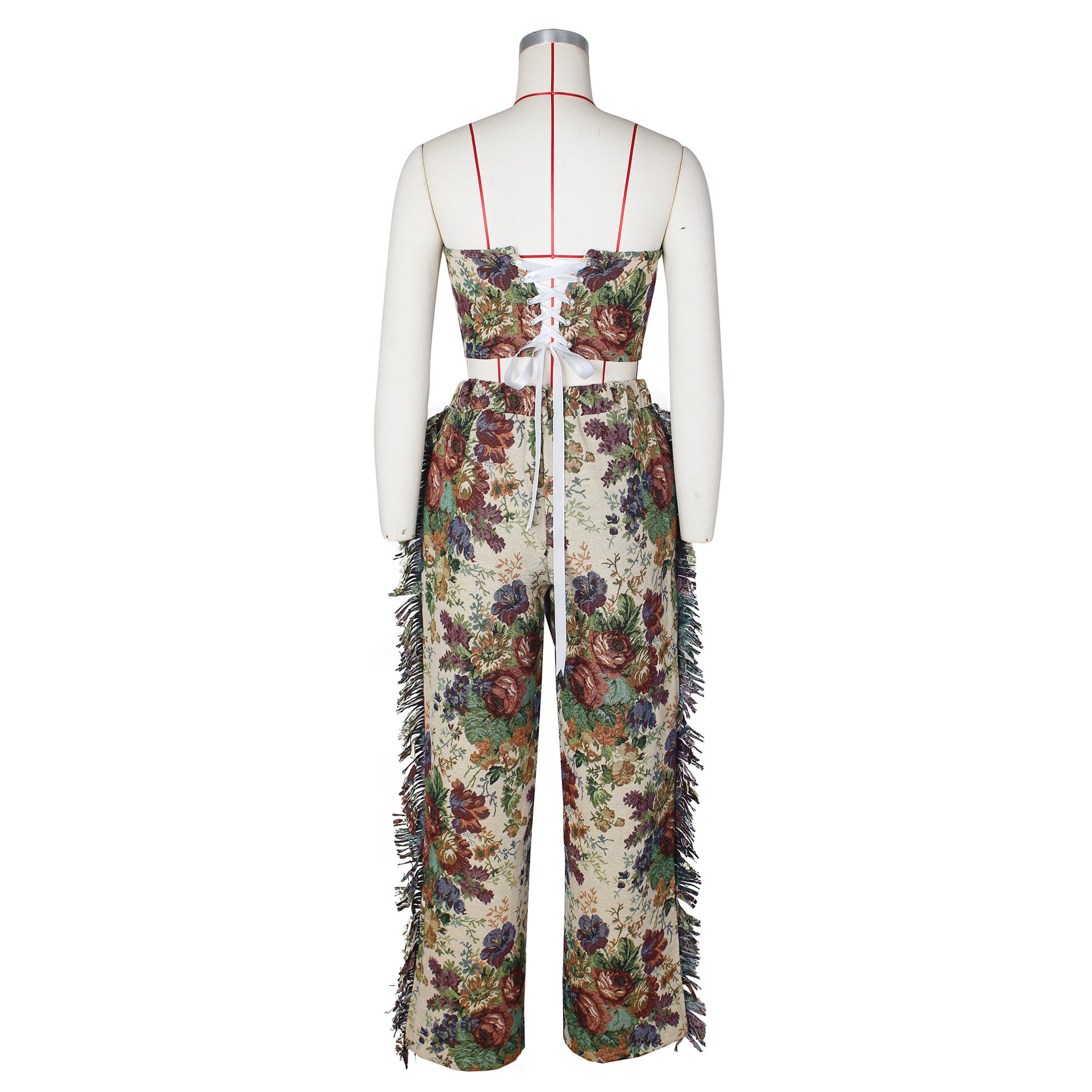 New Product Ideas Sexy Lace-up Tube Top and Tassel Pants Women's Sets Fashion Street Wear Jacquard Women Two Piece Set