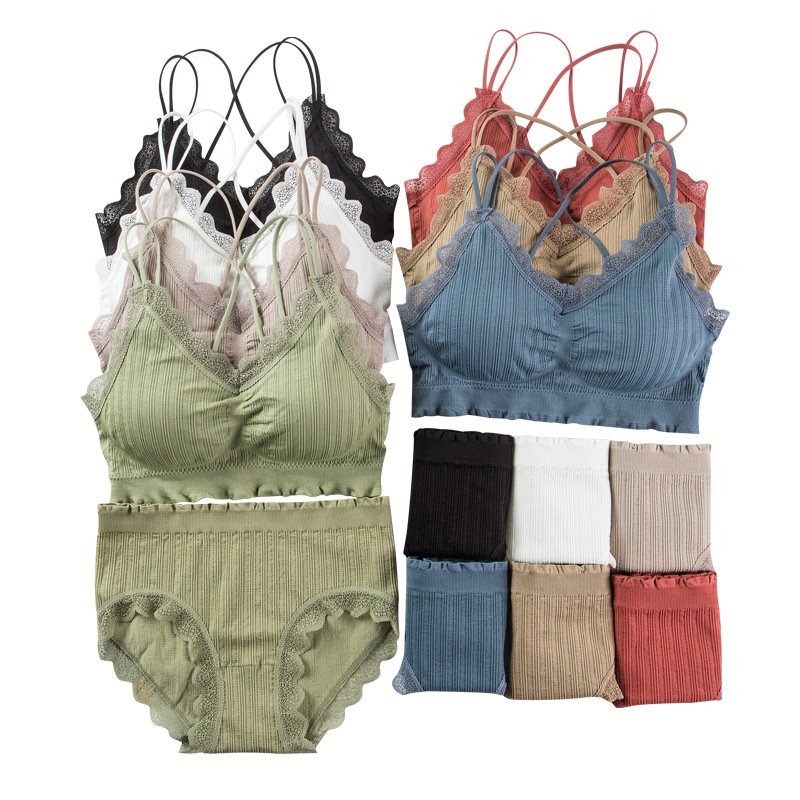Seamless One Size Sexy Lace Woman Bra Set Ultrathin Breathable Wire Free Bra Brief Sets Lace Bra Panty Set with Solid Color