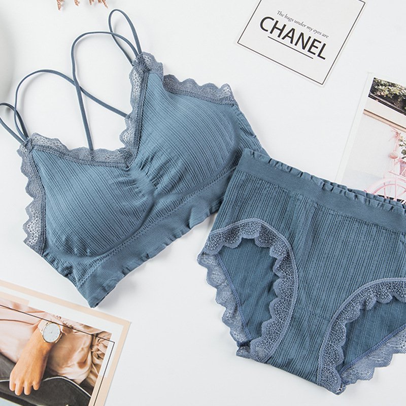 Seamless One Size Sexy Lace Woman Bra Set Ultrathin Breathable Wire Free Bra Brief Sets Lace Bra Panty Set with Solid Color