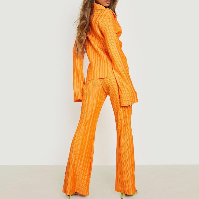 Spring Fall Stylish Plisse Outfits Women Drop Shoulder Shirt And Wide Leg Flared Pants Two Pieces Set