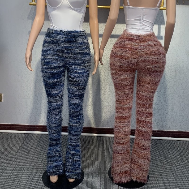 Stacked Furry Pants High Waist Fashion 2024 Women Winter Trouser Skinny Casual Sexy Club Trouser
