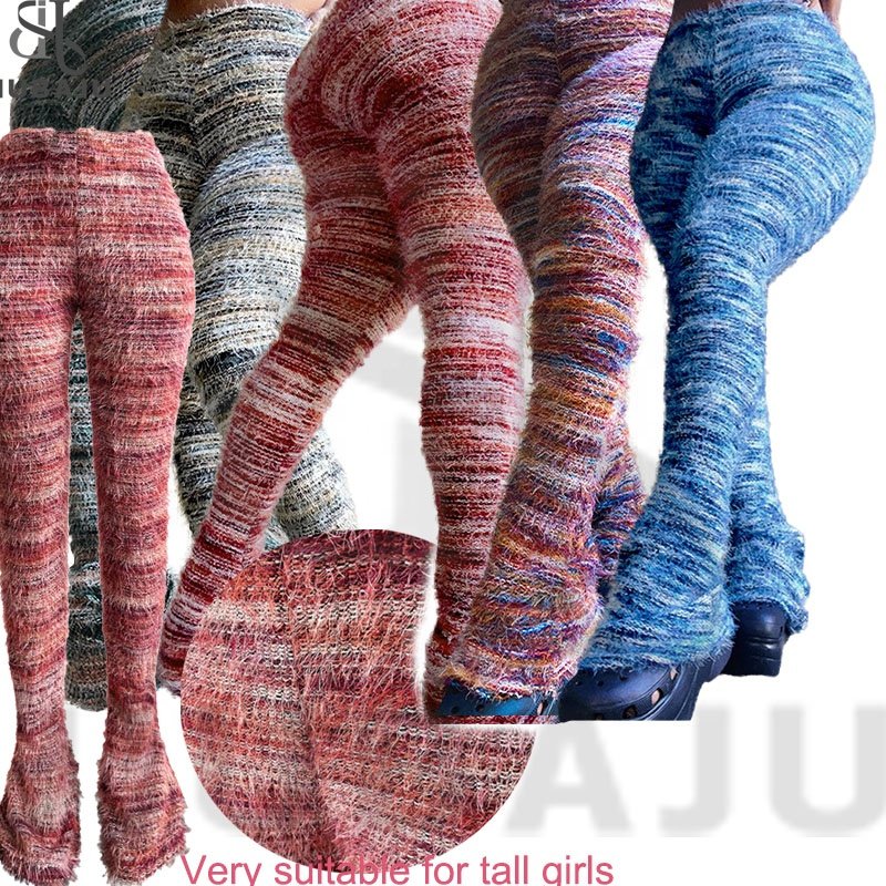 Stacked Furry Pants High Waist Fashion 2024 Women Winter Trouser Skinny Casual Sexy Club Trouser