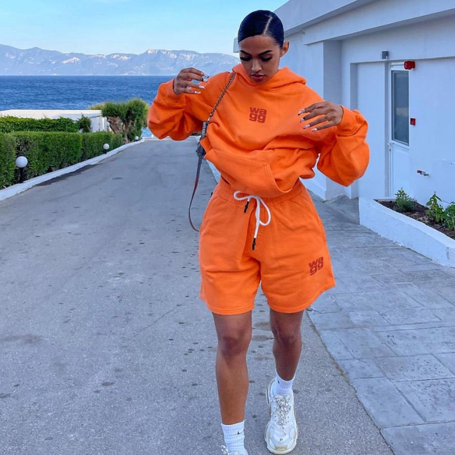 Loose Letter Embroidery Fleece 2 Piece Set Women Casual Hooded Sweatshirt Drawstring Shorts Women's Sets