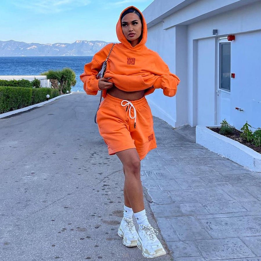 Loose Letter Embroidery Fleece 2 Piece Set Women Casual Hooded Sweatshirt Drawstring Shorts Women's Sets