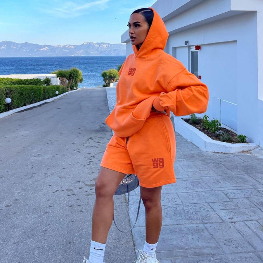 Loose Letter Embroidery Fleece 2 Piece Set Women Casual Hooded Sweatshirt Drawstring Shorts Women's Sets