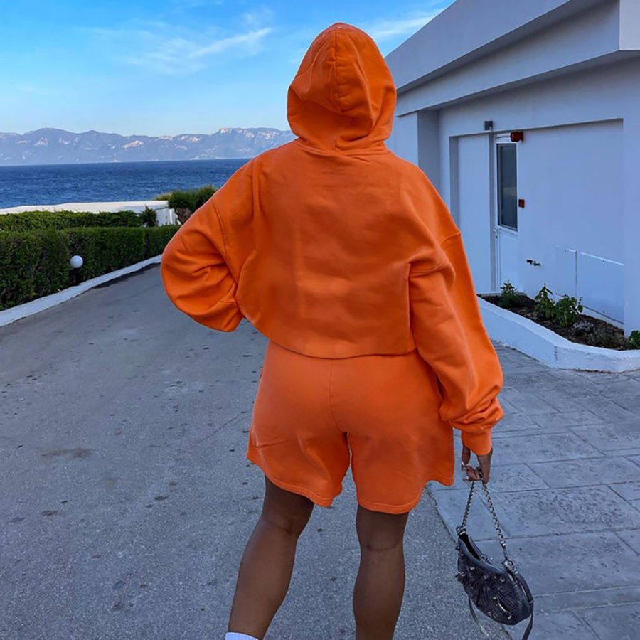 Loose Letter Embroidery Fleece 2 Piece Set Women Casual Hooded Sweatshirt Drawstring Shorts Women's Sets