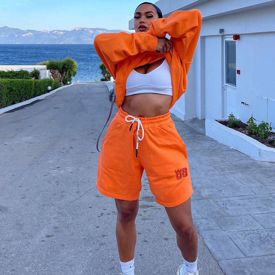 Loose Letter Embroidery Fleece 2 Piece Set Women Casual Hooded Sweatshirt Drawstring Shorts Women's Sets