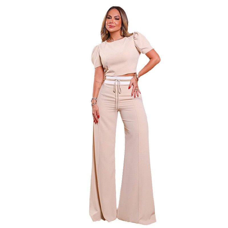 women casual clothing ladies fashion Spring summer new O neck puff sleeve t shirt crop top wide leg trousers pants women's sets