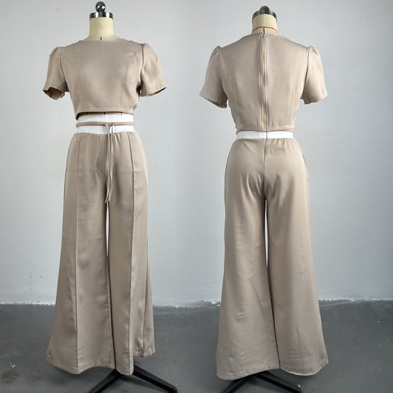 women casual clothing ladies fashion Spring summer new O neck puff sleeve t shirt crop top wide leg trousers pants women's sets