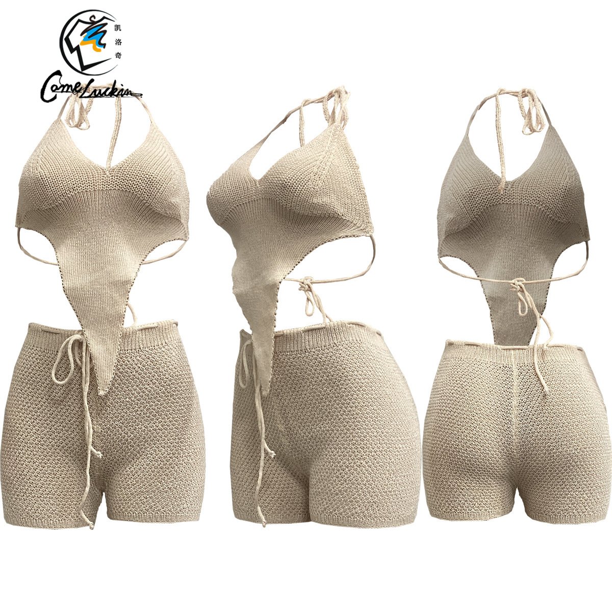 2023 Summer Custom New Women's Clothing Fashion Strap Backless Vest Slim High Waist Casual Shorts Suit Set