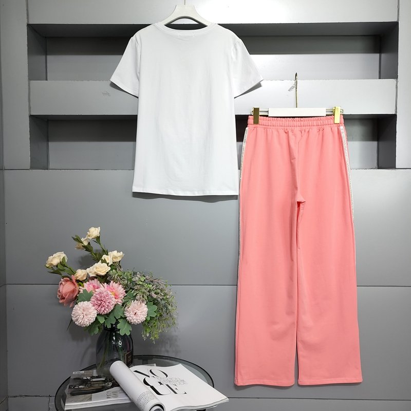 2023 Casual Round Neck Pretty Rhinestone Ladies Wear Fashion Two Piece Sets Women'S Suits