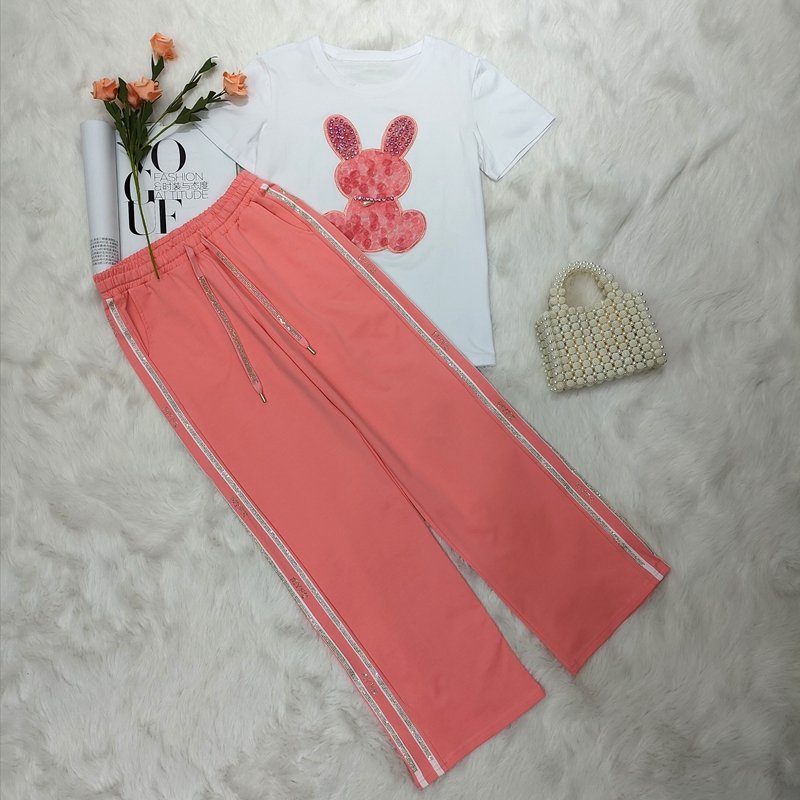2023 Casual Round Neck Pretty Rhinestone Ladies Wear Fashion Two Piece Sets Women'S Suits