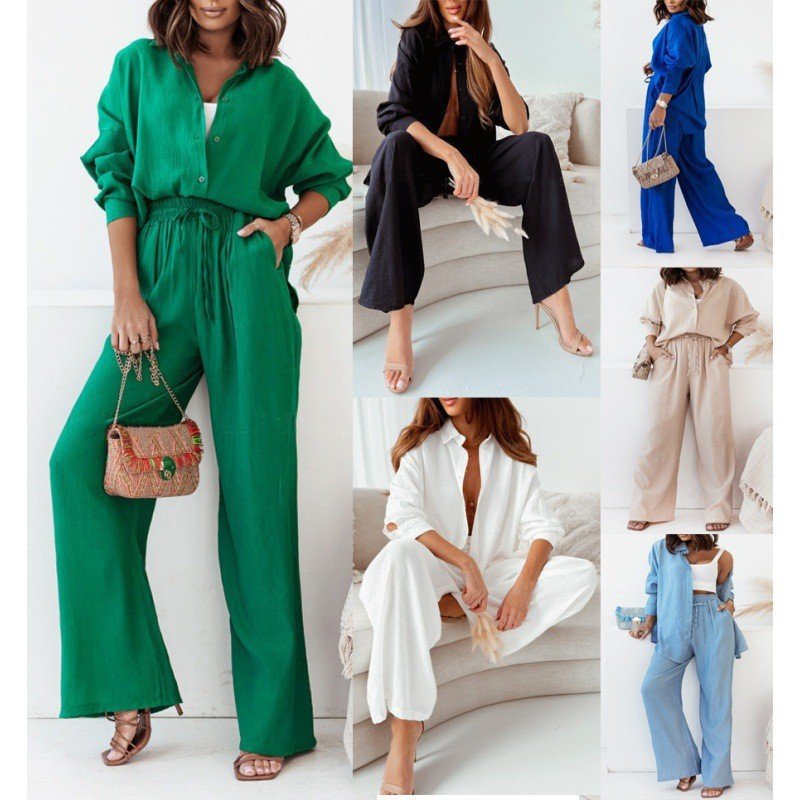 Women Casual 2 Piece Set Long Sleeve Solid Shirt + Wide Leg Pants Set Autumn Spring Lady Loose Matching Suit