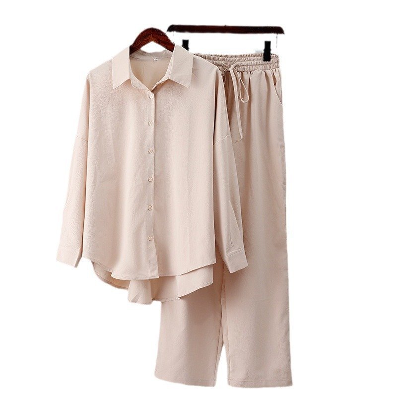 Women Casual 2 Piece Set Long Sleeve Solid Shirt + Wide Leg Pants Set Autumn Spring Lady Loose Matching Suit