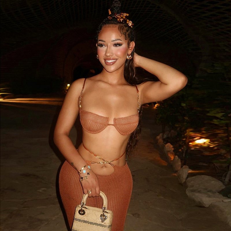 Solid Color Mesh Women's Sets Sexy Bra+Maxi Lace Up Skirt 2 Piece Set Women Summer Holiday Wear