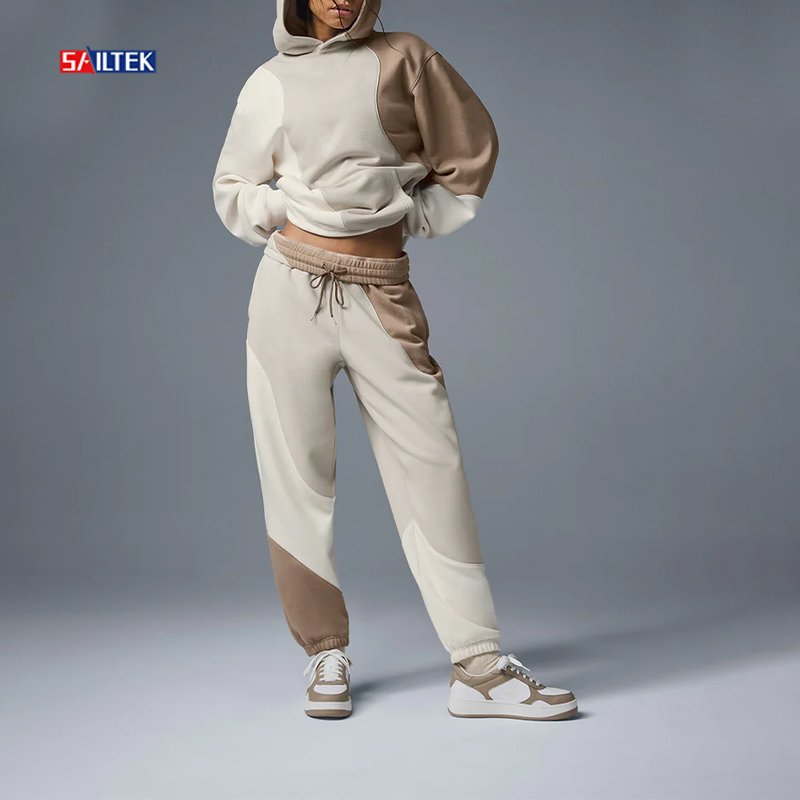 Custom Logo Women's Set Two Piece Hoodies and Sweat Pants Set Casual Spring Style Jogger Jumper Comfy Color Block Hoodie Set