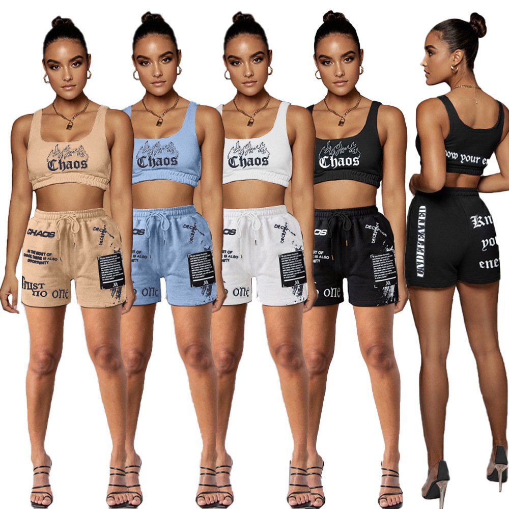2024 new summer women's letter positioning printed short sleeve shorts with pocket vest sports suit 2-piece set