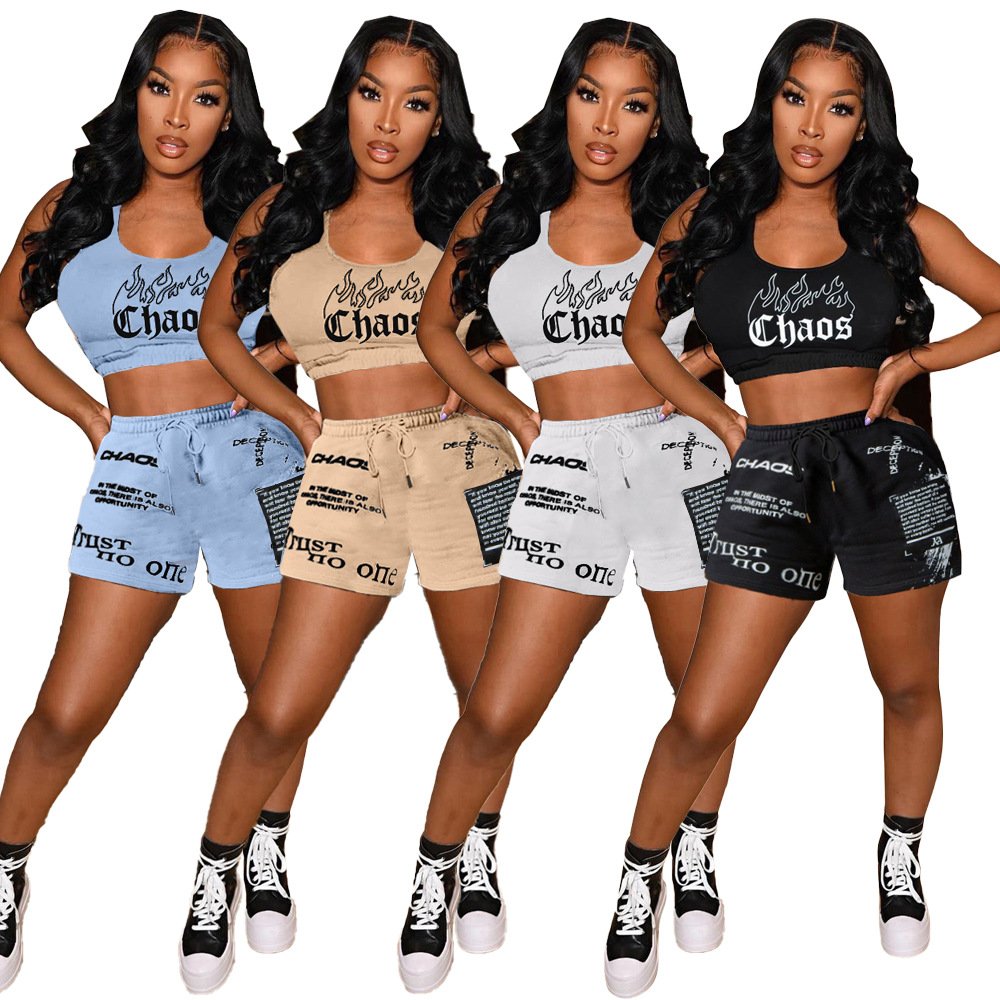 2024 new summer women's letter positioning printed short sleeve shorts with pocket vest sports suit 2-piece set