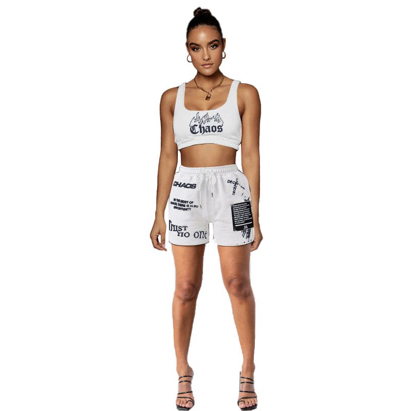 2024 new summer women's letter positioning printed short sleeve shorts with pocket vest sports suit 2-piece set