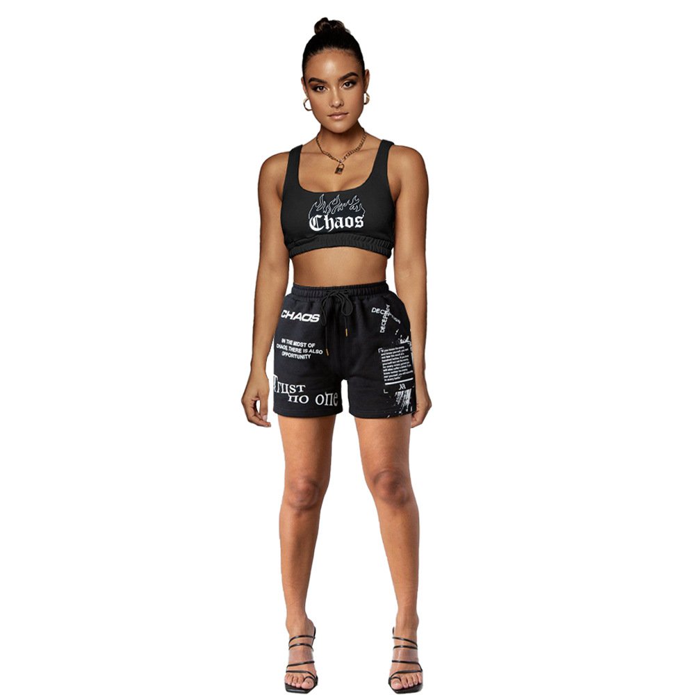 2024 new summer women's letter positioning printed short sleeve shorts with pocket vest sports suit 2-piece set