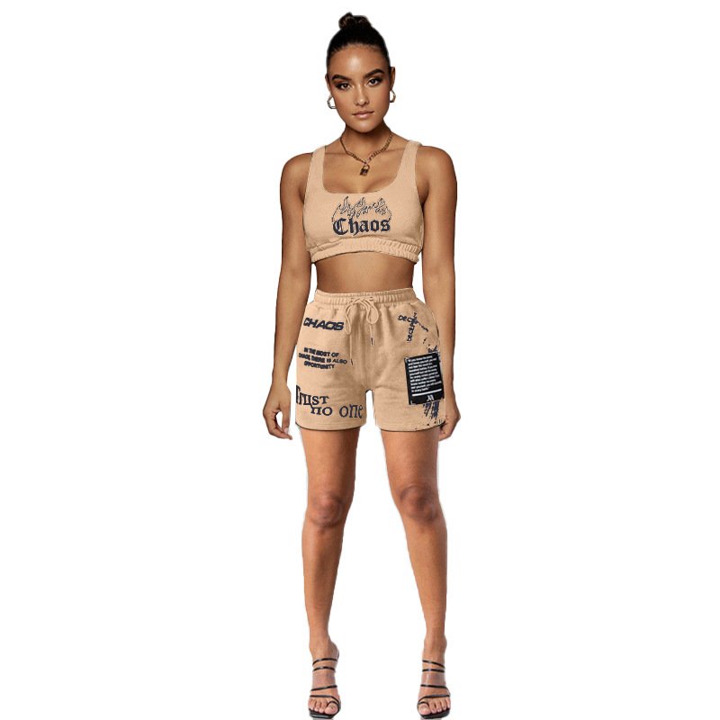 2024 new summer women's letter positioning printed short sleeve shorts with pocket vest sports suit 2-piece set