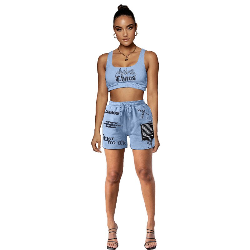 2024 new summer women's letter positioning printed short sleeve shorts with pocket vest sports suit 2-piece set