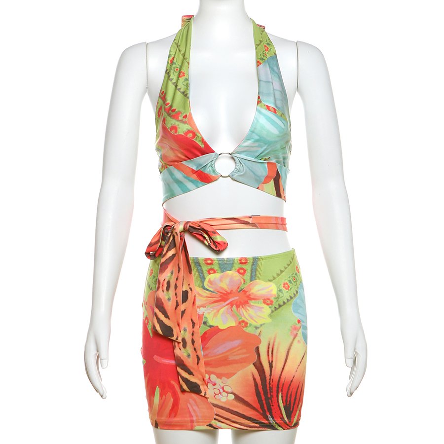 Kliou K24S46077 New Arrivals Two Pieces Skirts Sets Sexy Halter Top+Mini Skirt 2 Piece Set Women Summer Beach Wear Women's Set