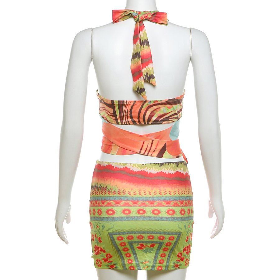 Kliou K24S46077 New Arrivals Two Pieces Skirts Sets Sexy Halter Top+Mini Skirt 2 Piece Set Women Summer Beach Wear Women's Set