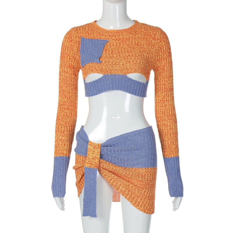 Summer Women's Set Cut Out Long Sleeve Skinny Crop Top 2piece Set Package Hip Mini Patchwork Skirt Set For Lady