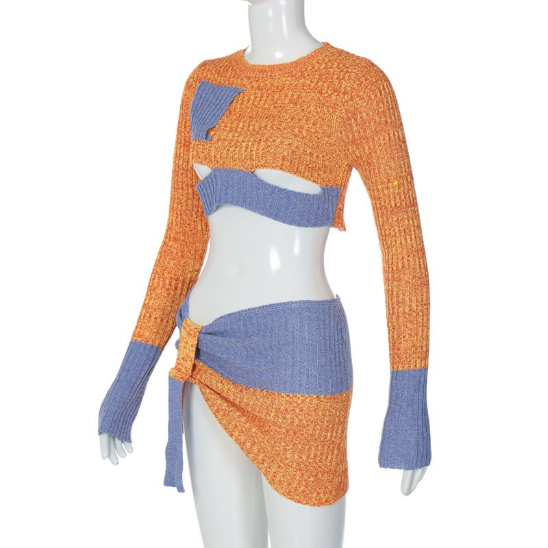 Summer Women's Set Cut Out Long Sleeve Skinny Crop Top 2piece Set Package Hip Mini Patchwork Skirt Set For Lady