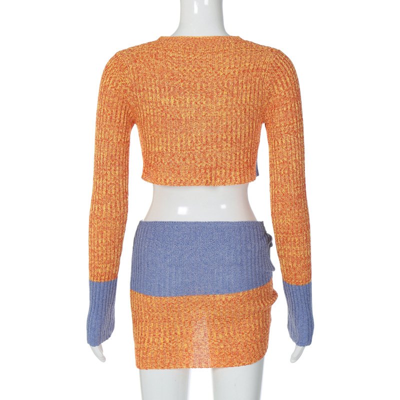 Summer Women's Set Cut Out Long Sleeve Skinny Crop Top 2piece Set Package Hip Mini Patchwork Skirt Set For Lady