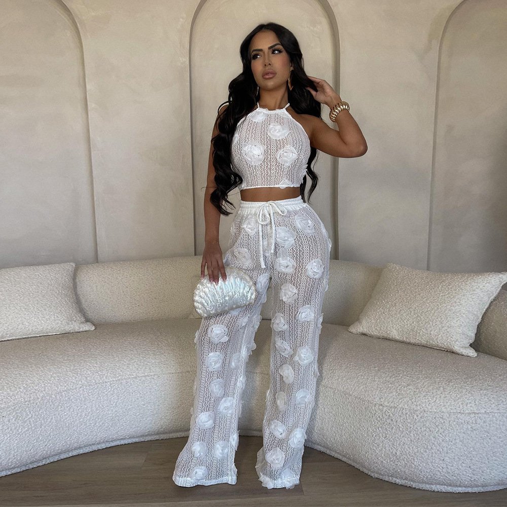 C0236 Summer new halter solid backless flower see through strap lace pants set