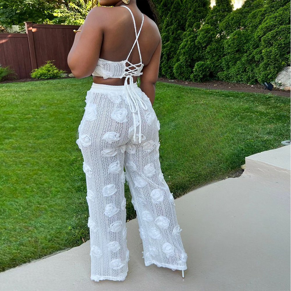 C0236 Summer new halter solid backless flower see through strap lace pants set
