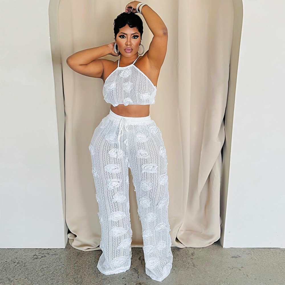 C0236 Summer new halter solid backless flower see through strap lace pants set