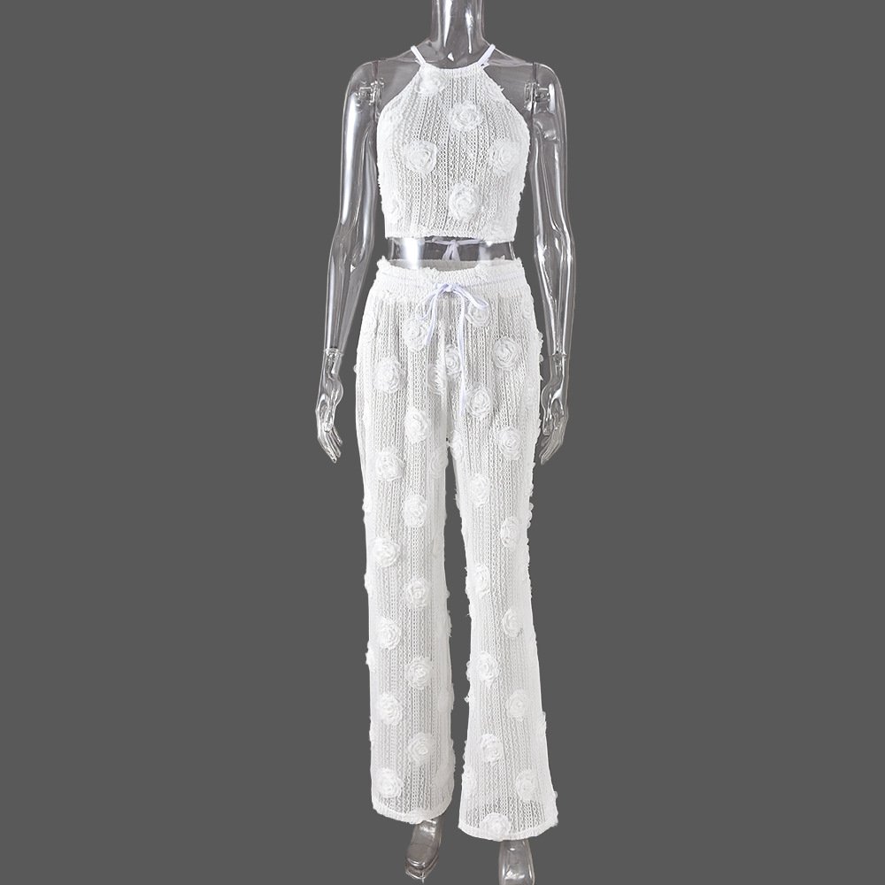C0236 Summer new halter solid backless flower see through strap lace pants set