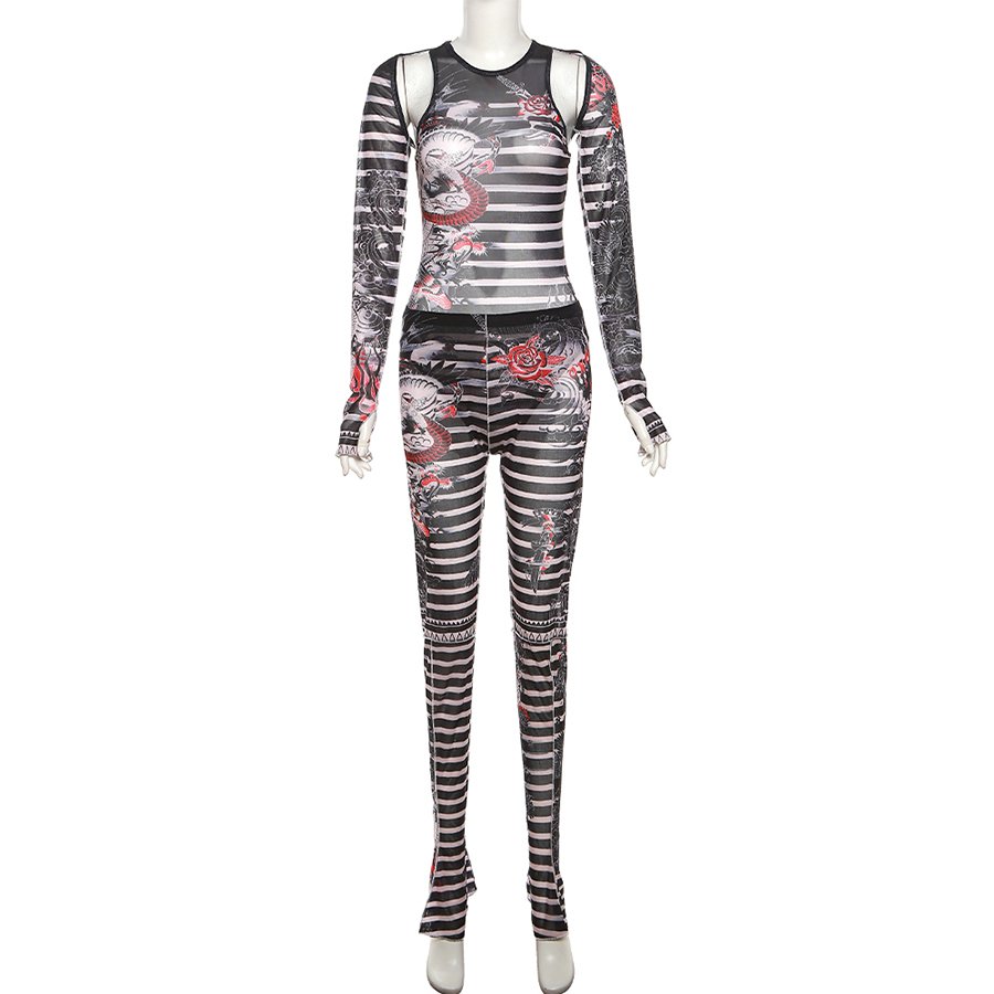 Kliou K23S37801 Fall new 2 piece set women printed long sleeve bodysuit+leggings pants mesh printed women's sets