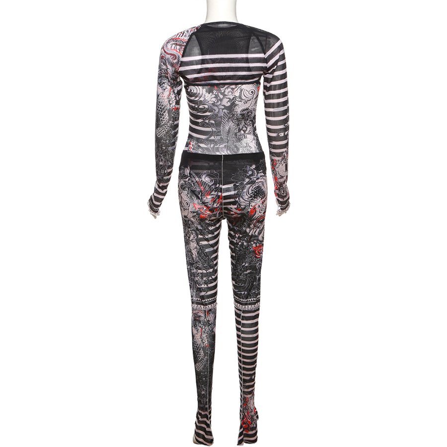 Kliou K23S37801 Fall new 2 piece set women printed long sleeve bodysuit+leggings pants mesh printed women's sets