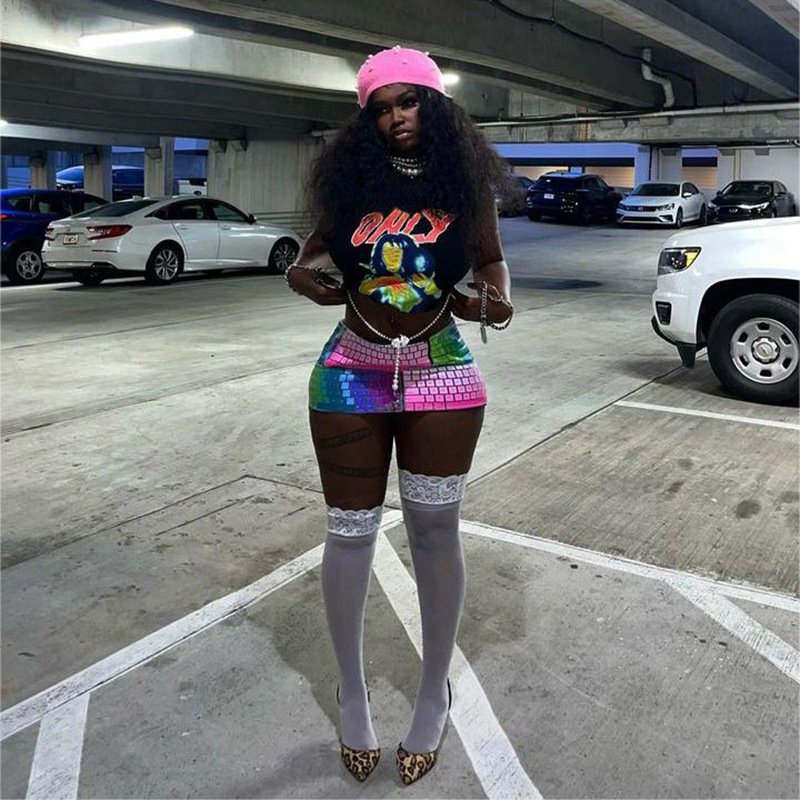 Peeqi K24S45691 Y2K 2024 new 3D print crop tops t-shirt and mini skirt 2 piece set bodycon sexy casual streetwear women's set