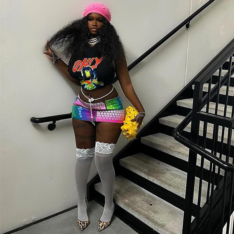 Peeqi K24S45691 Y2K 2024 new 3D print crop tops t-shirt and mini skirt 2 piece set bodycon sexy casual streetwear women's set