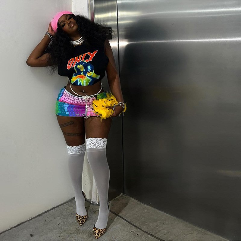 Peeqi K24S45691 Y2K 2024 new 3D print crop tops t-shirt and mini skirt 2 piece set bodycon sexy casual streetwear women's set